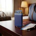 RFID M-CARDHOLD Blue-Secure PU Card Holder with External Pocket for Cash and Cards - Image 3
